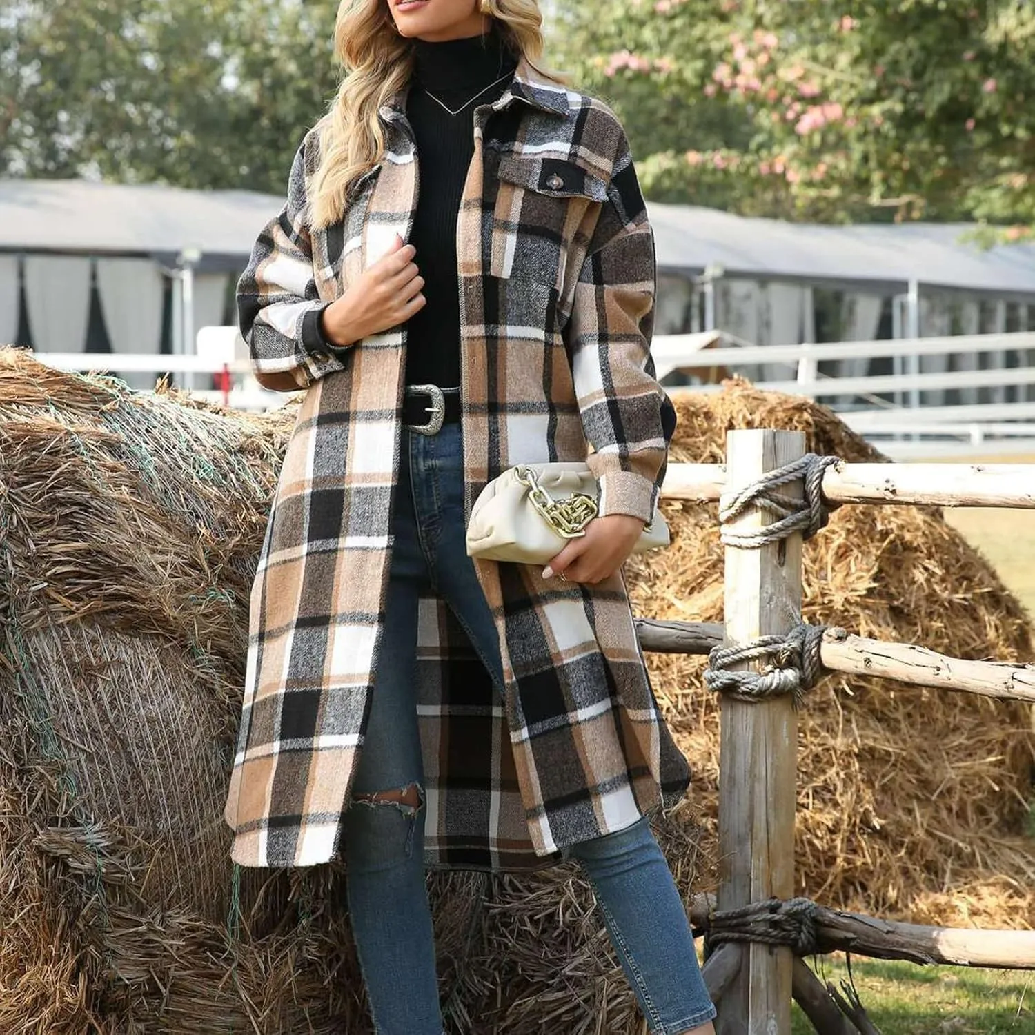 Xaspee Womens Long Plaid Shacket Jacket Casual Fashion Lapel Button Down Long Sleeve Long Plaid Coat with Pockets