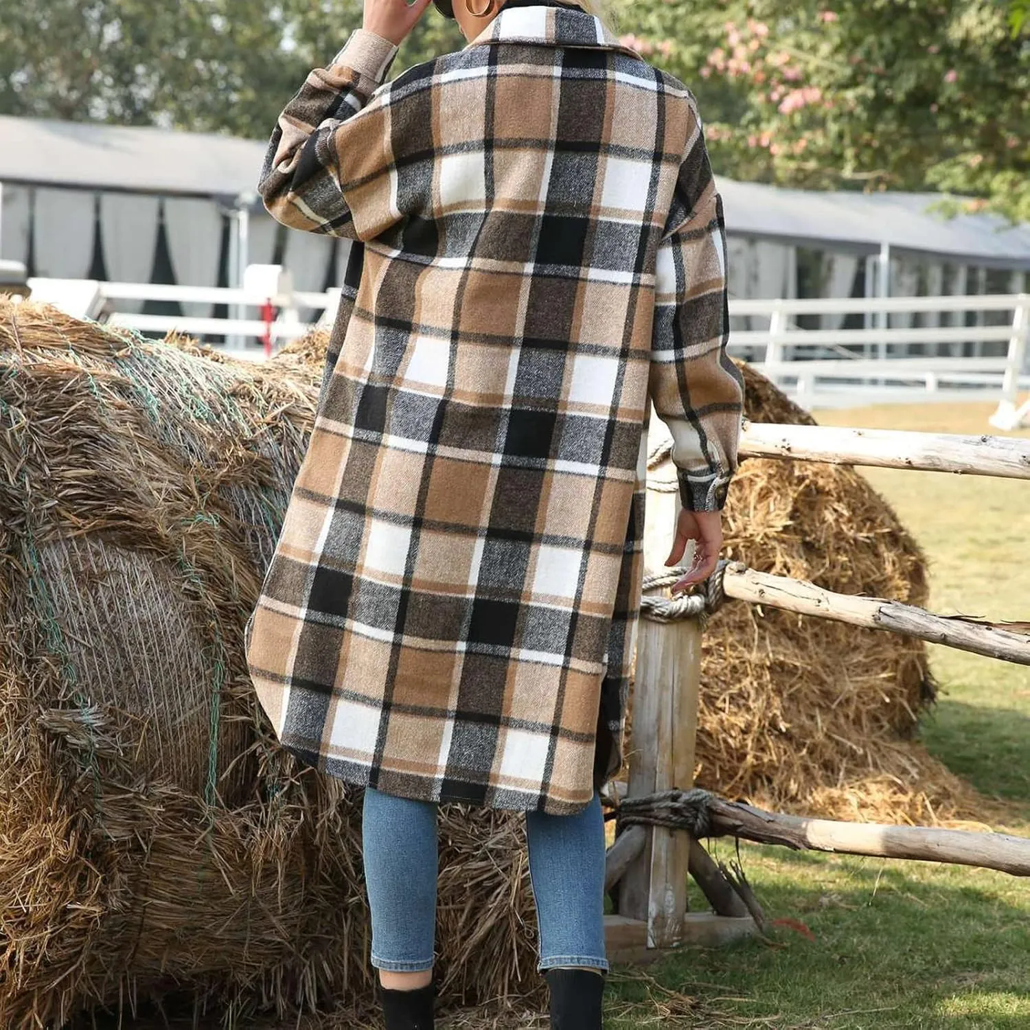 Xaspee Womens Long Plaid Shacket Jacket Casual Fashion Lapel Button Down Long Sleeve Long Plaid Coat with Pockets