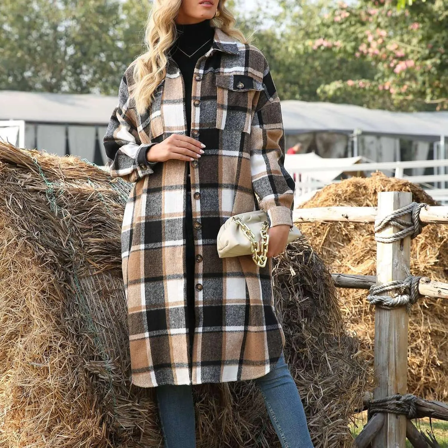 Xaspee Womens Long Plaid Shacket Jacket Casual Fashion Lapel Button Down Long Sleeve Long Plaid Coat with Pockets