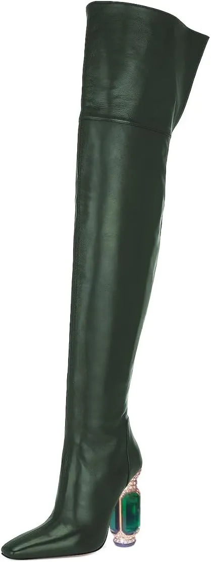 XYD Closed Square Toe Thigh High Boots for Women Thick Thighs Rhinestone Crystal Gems Block Heels Back Zip Ladies Chic Event Formal Party Shoes