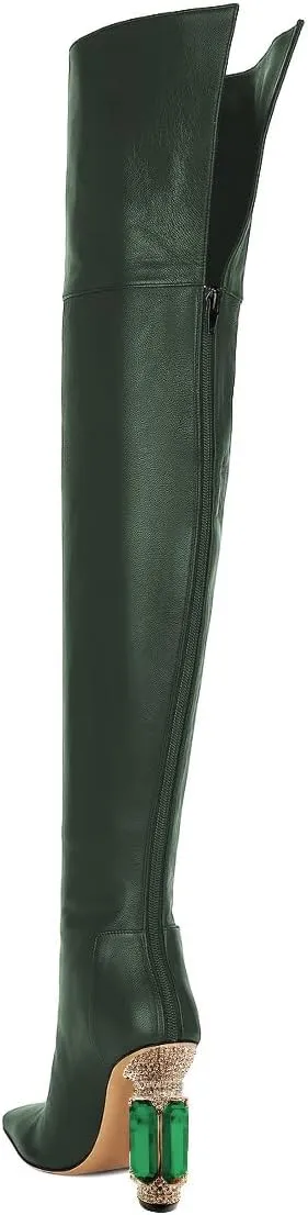 XYD Closed Square Toe Thigh High Boots for Women Thick Thighs Rhinestone Crystal Gems Block Heels Back Zip Ladies Chic Event Formal Party Shoes