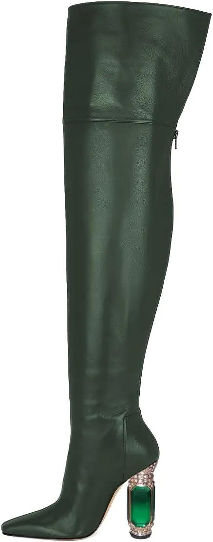 XYD Closed Square Toe Thigh High Boots for Women Thick Thighs Rhinestone Crystal Gems Block Heels Back Zip Ladies Chic Event Formal Party Shoes