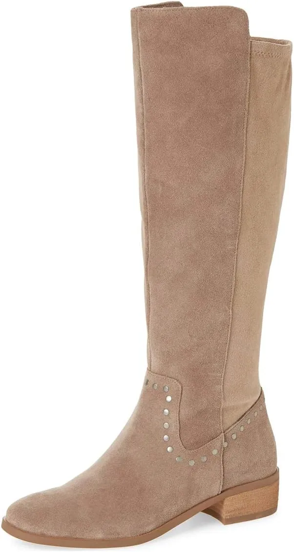 XYD Knee High Boots Rivets Studded Mid Chunky Block Heels Side Zip Round Toe Comfy Warm Trendy Shoes for Women