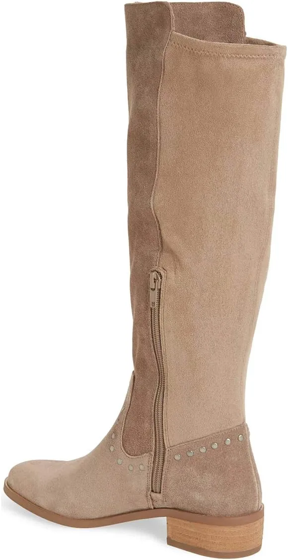 XYD Knee High Boots Rivets Studded Mid Chunky Block Heels Side Zip Round Toe Comfy Warm Trendy Shoes for Women