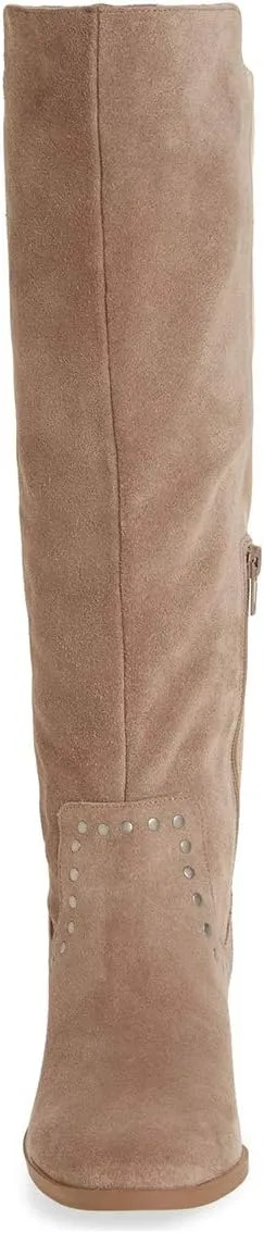 XYD Knee High Boots Rivets Studded Mid Chunky Block Heels Side Zip Round Toe Comfy Warm Trendy Shoes for Women