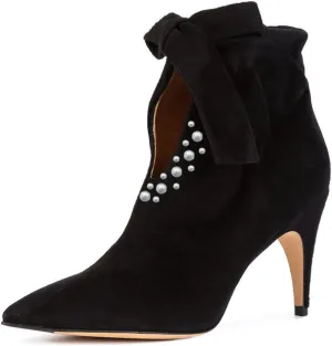 XYD Pointy Toe Pearl Ankle Booties with Bowtie Low Kitten Heels Graceful Short Boots for Women Cute Shoes