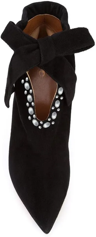 XYD Pointy Toe Pearl Ankle Booties with Bowtie Low Kitten Heels Graceful Short Boots for Women Cute Shoes