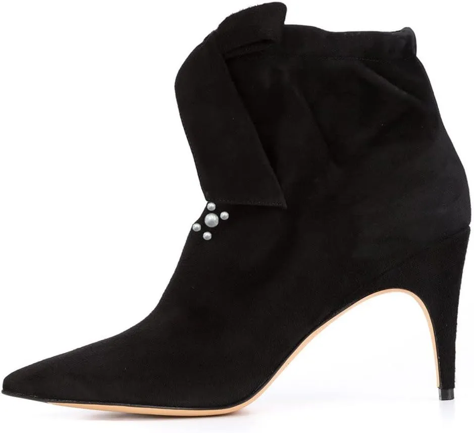 XYD Pointy Toe Pearl Ankle Booties with Bowtie Low Kitten Heels Graceful Short Boots for Women Cute Shoes