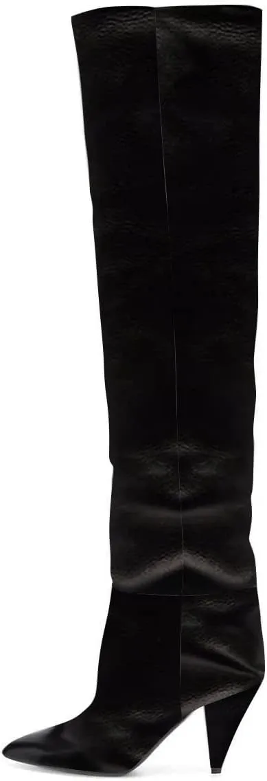 XYD Sassy Cone Mid Heels Thigh High Boots for Women Over The Knee Stretchy Pointed Toe Stylish Baggy Winter Warm Dress Long Booties Shoes