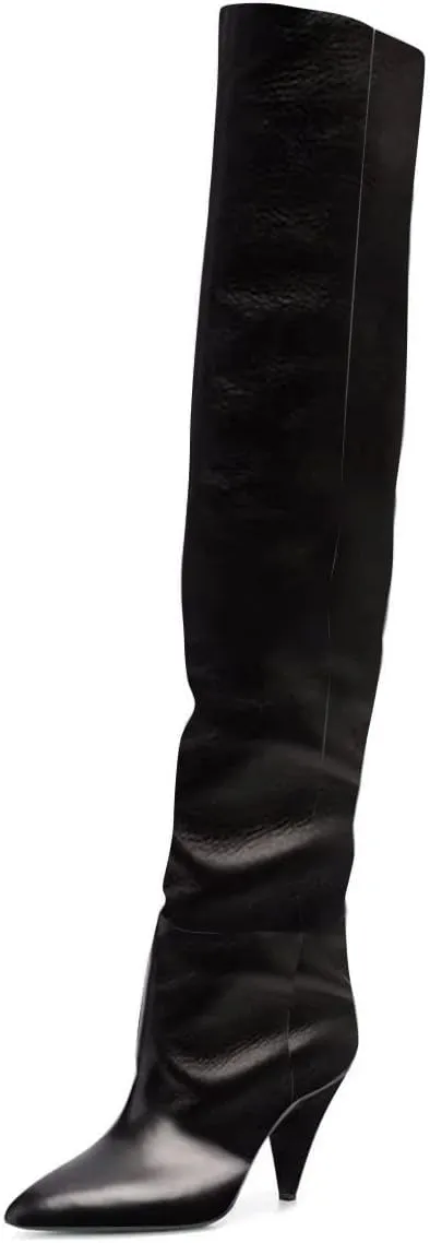 XYD Sassy Cone Mid Heels Thigh High Boots for Women Over The Knee Stretchy Pointed Toe Stylish Baggy Winter Warm Dress Long Booties Shoes