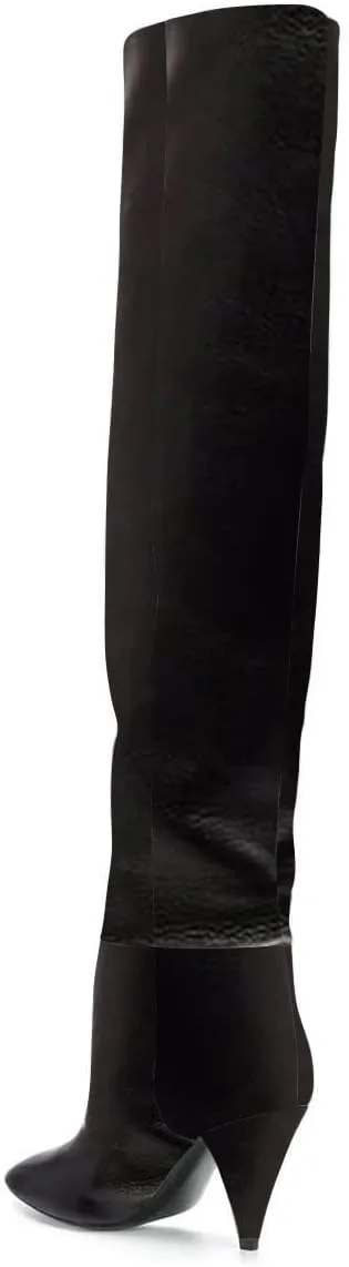 XYD Sassy Cone Mid Heels Thigh High Boots for Women Over The Knee Stretchy Pointed Toe Stylish Baggy Winter Warm Dress Long Booties Shoes