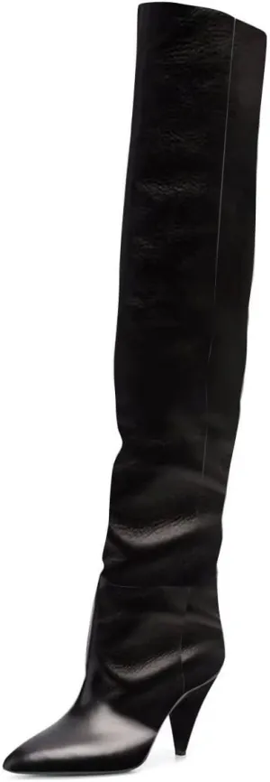 XYD Sassy Cone Mid Heels Thigh High Boots for Women Over The Knee Stretchy Pointed Toe Stylish Baggy Winter Warm Dress Long Booties Shoes