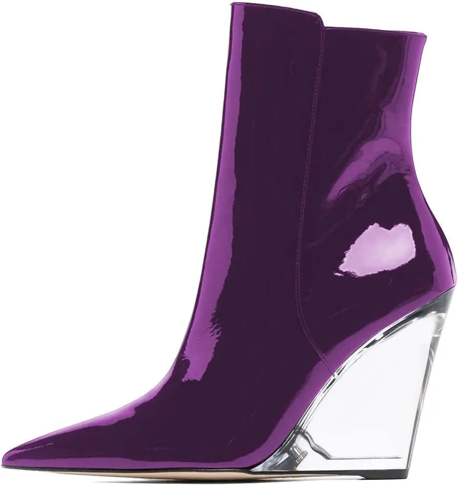 XYD Women Chic High Crystal Wedge Heel Ankle Boots Side Zip Closed Pointed Toe Short Bootie Winter Fall Outdoor Dress Shoes