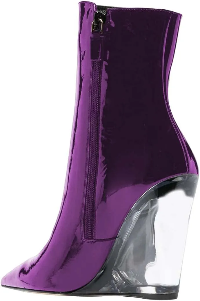 XYD Women Chic High Crystal Wedge Heel Ankle Boots Side Zip Closed Pointed Toe Short Bootie Winter Fall Outdoor Dress Shoes