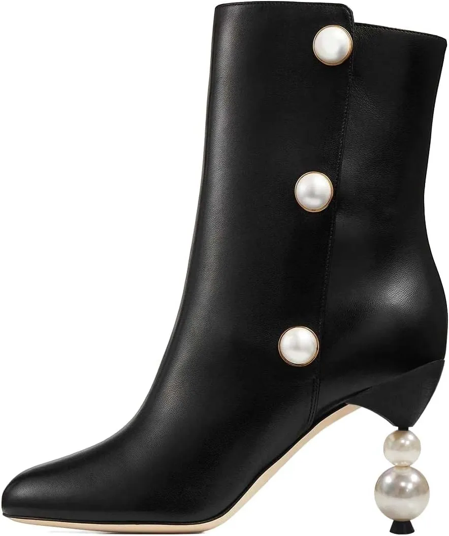 XYD Women Chic Pearl Closed Round Toe Ankle Boots Pull On High Heel Mid Calf Short Bootie Evening Party Event Dress Shoes