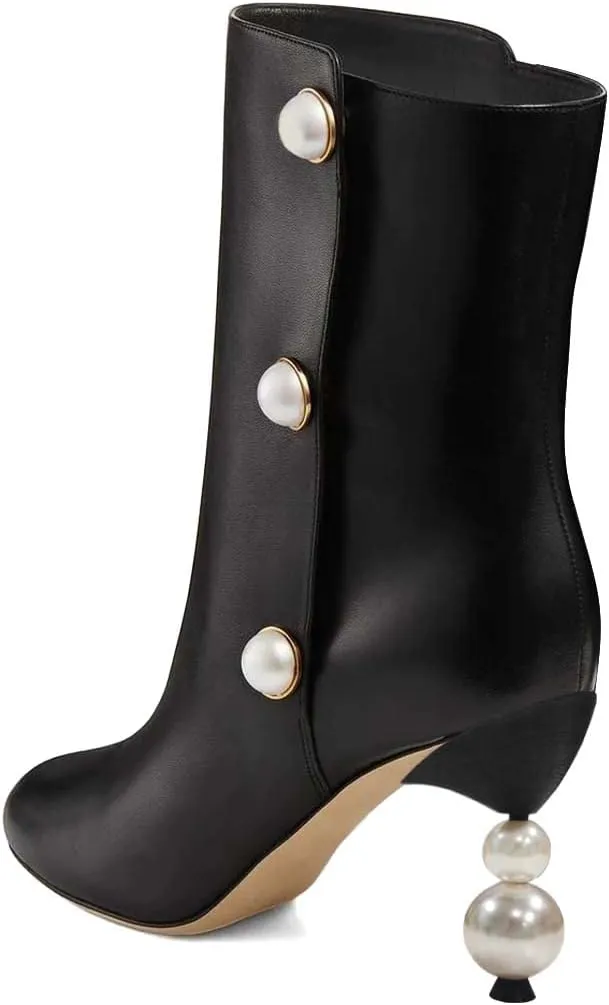 XYD Women Chic Pearl Closed Round Toe Ankle Boots Pull On High Heel Mid Calf Short Bootie Evening Party Event Dress Shoes