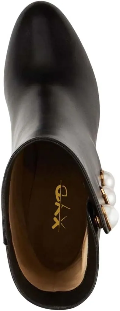 XYD Women Chic Pearl Closed Round Toe Ankle Boots Pull On High Heel Mid Calf Short Bootie Evening Party Event Dress Shoes
