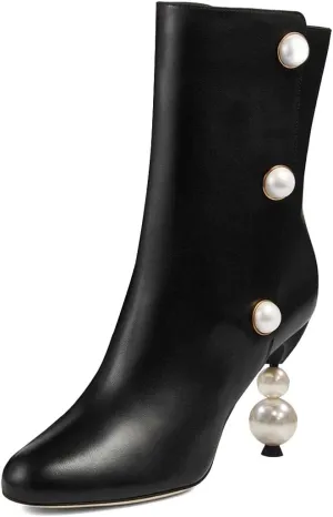 XYD Women Chic Pearl Closed Round Toe Ankle Boots Pull On High Heel Mid Calf Short Bootie Evening Party Event Dress Shoes