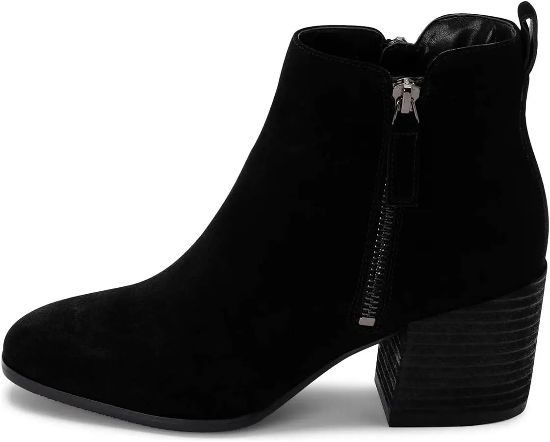 XYD Women Classic Double Zipper Ankle Booties Round Square Toe Medium Chunky Heels Travel Casual Pull On Office Boots