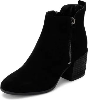 XYD Women Classic Double Zipper Ankle Booties Round Square Toe Medium Chunky Heels Travel Casual Pull On Office Boots