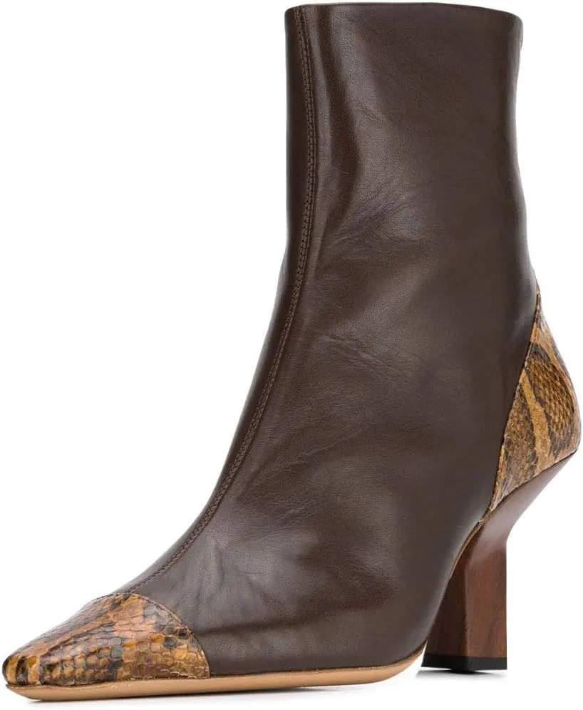 XYD Women Fashion Cap Toe Ankle Booties Square Toe Mid Heel Short Boots Snakeskin Patchwork Back Zipper Dress Shoes