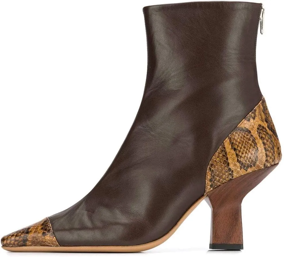 XYD Women Fashion Cap Toe Ankle Booties Square Toe Mid Heel Short Boots Snakeskin Patchwork Back Zipper Dress Shoes