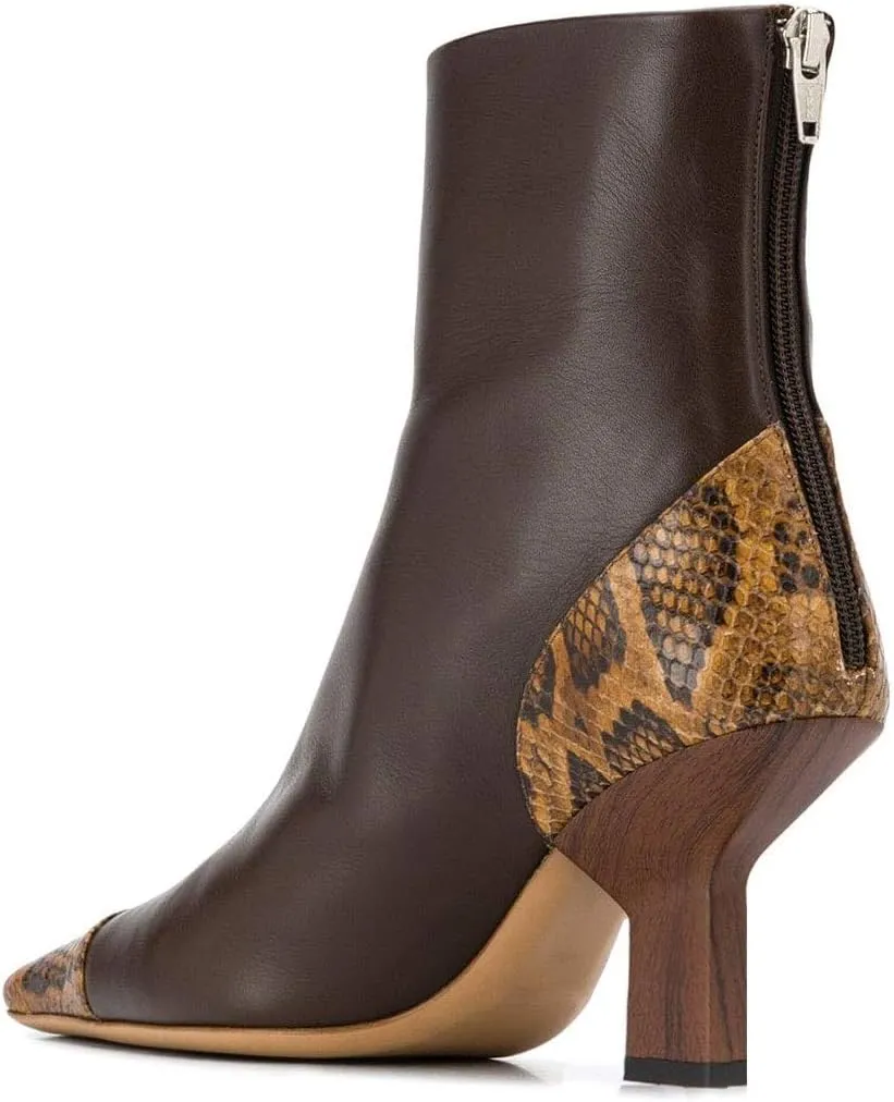 XYD Women Fashion Cap Toe Ankle Booties Square Toe Mid Heel Short Boots Snakeskin Patchwork Back Zipper Dress Shoes
