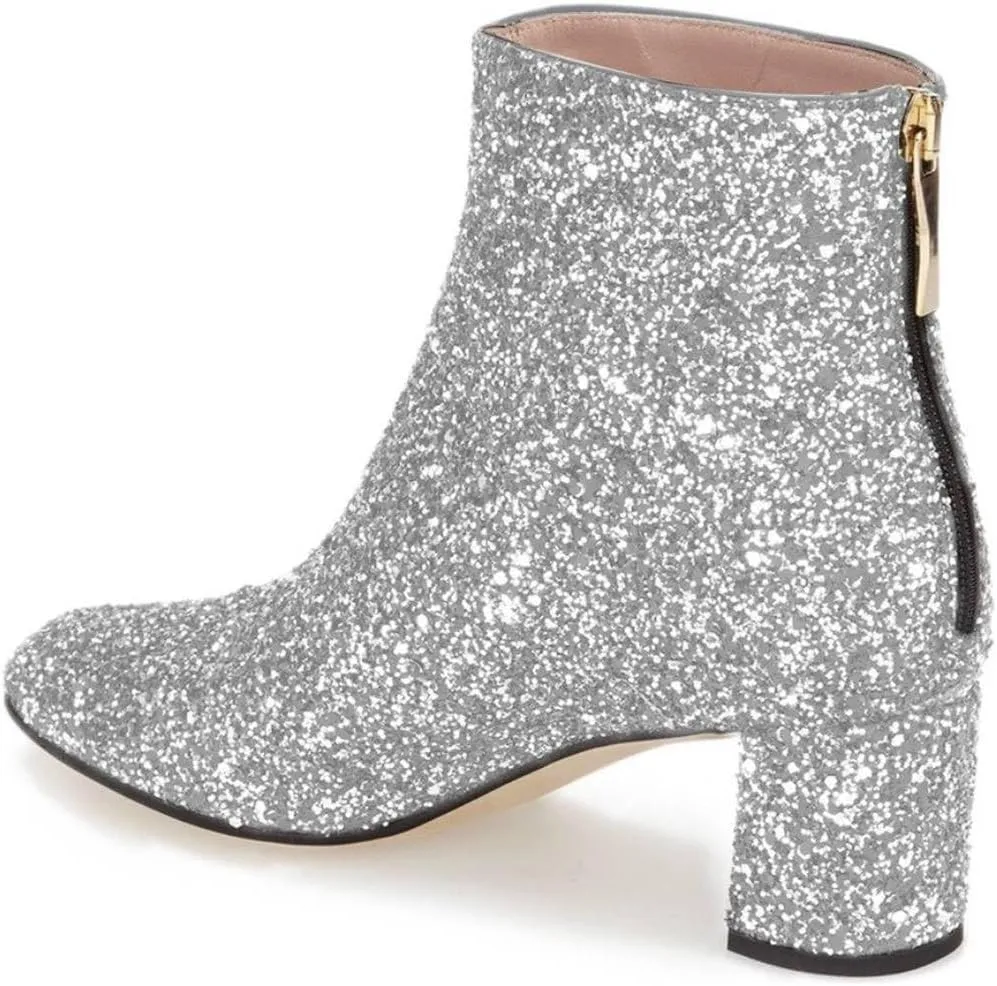 XYD Women Glitter Low Block Heel Ankle Boots Round Toe Festival Party Booties Shoes with Zip