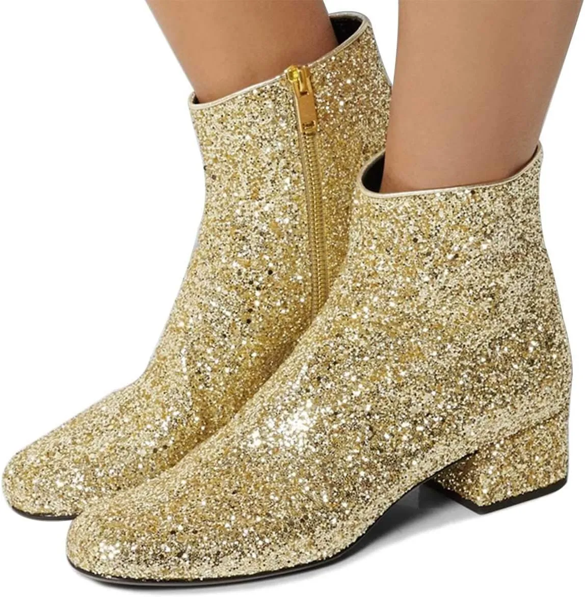 XYD Women Glitter Low Block Heel Ankle Boots Round Toe Festival Party Booties Shoes with Zip