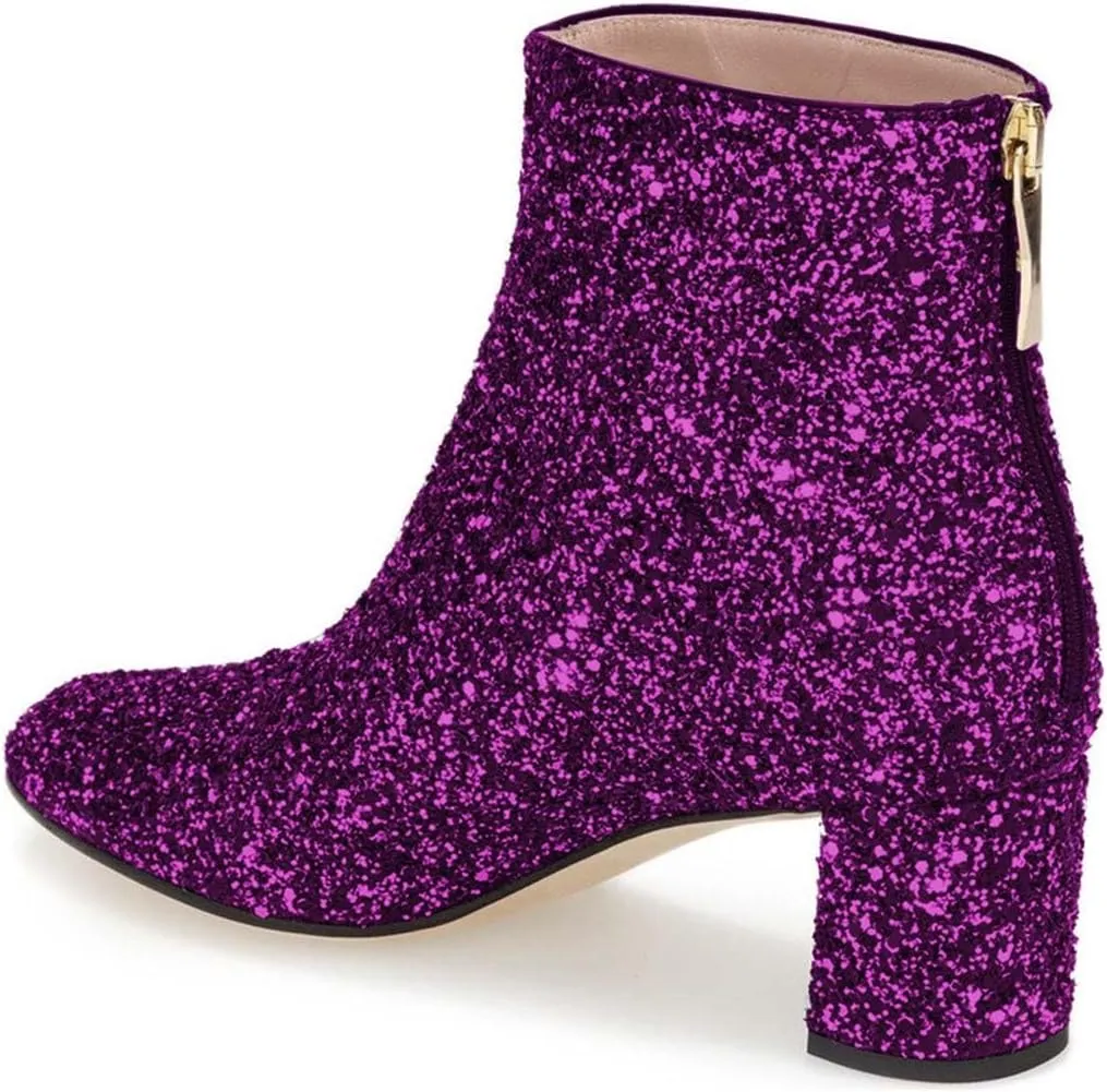XYD Women Glitter Low Block Heel Ankle Boots Round Toe Festival Party Booties Shoes with Zip