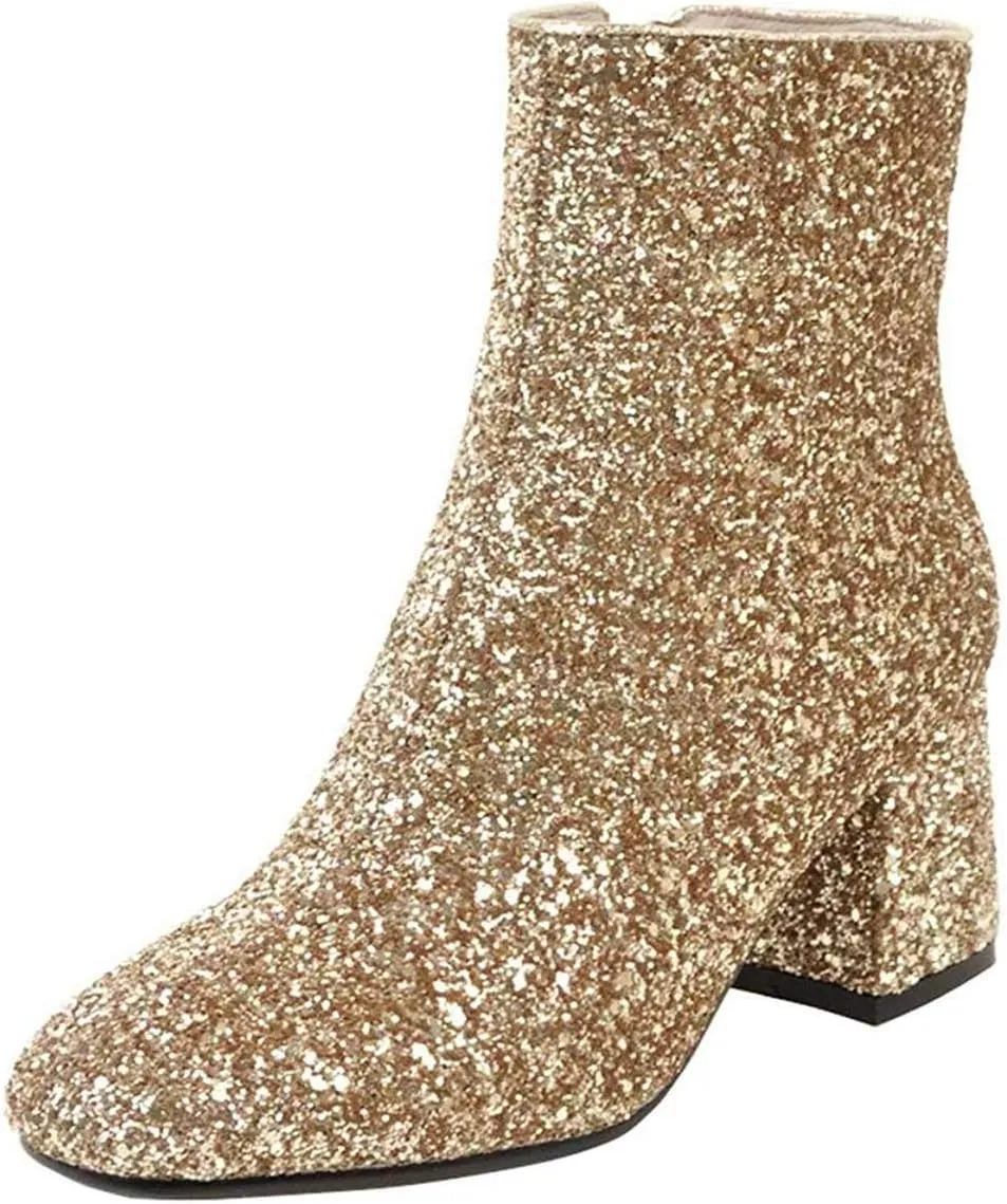 XYD Women Glitter Low Block Heel Ankle Boots Round Toe Festival Party Booties Shoes with Zip