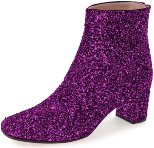 XYD Women Glitter Low Block Heel Ankle Boots Round Toe Festival Party Booties Shoes with Zip