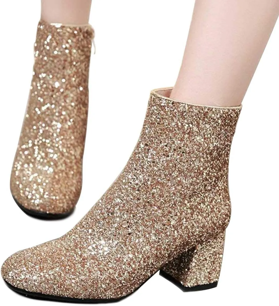 XYD Women Glitter Low Block Heel Ankle Boots Round Toe Festival Party Booties Shoes with Zip