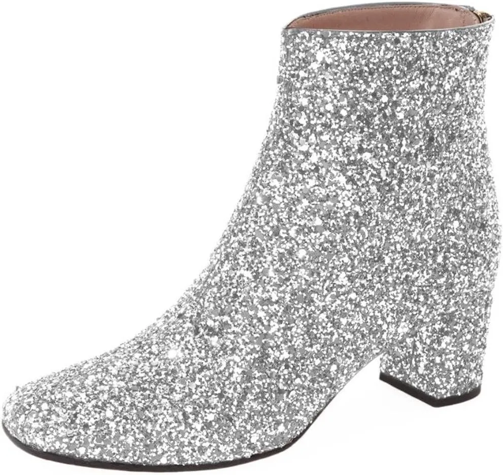 XYD Women Glitter Low Block Heel Ankle Boots Round Toe Festival Party Booties Shoes with Zip
