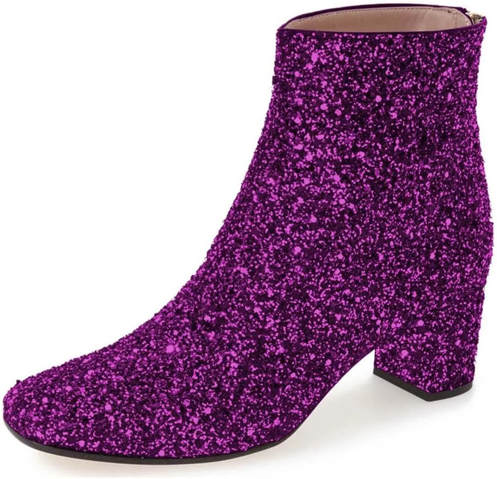 XYD Women Glitter Low Block Heel Ankle Boots Round Toe Festival Party Booties Shoes with Zip
