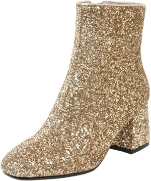 XYD Women Glitter Low Block Heel Ankle Boots Round Toe Festival Party Booties Shoes with Zip