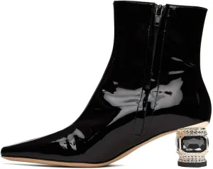 XYD Women Gorgeous Low Chunky Crystal Gem Heel Ankle Boots Closed Square Toe Short Bootie Side Zip Party Ballroom Dress Shoes