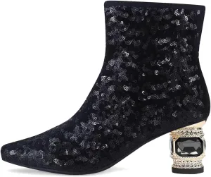 XYD Women Gorgeous Low Chunky Crystal Gem Heel Ankle Boots Closed Square Toe Short Bootie Side Zip Party Ballroom Dress Shoes