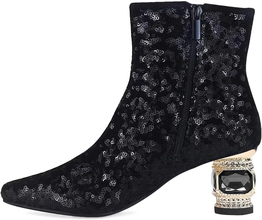 XYD Women Gorgeous Low Chunky Crystal Gem Heel Ankle Boots Closed Square Toe Short Bootie Side Zip Party Ballroom Dress Shoes