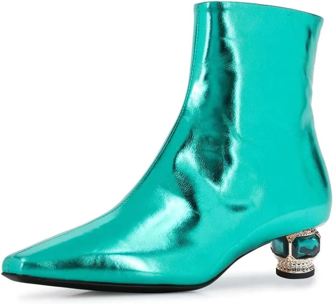 XYD Women Gorgeous Low Chunky Crystal Gem Heel Ankle Boots Closed Square Toe Short Bootie Side Zip Party Ballroom Dress Shoes