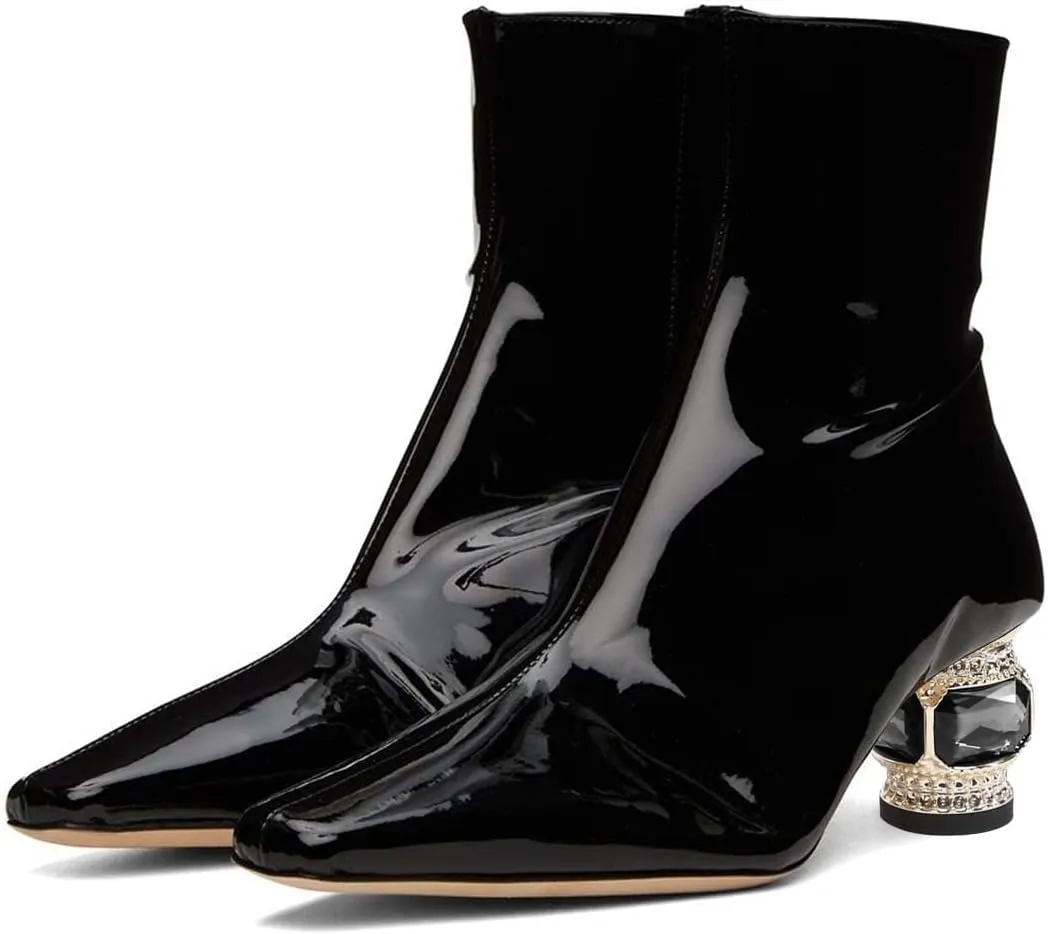 XYD Women Gorgeous Low Chunky Crystal Gem Heel Ankle Boots Closed Square Toe Short Bootie Side Zip Party Ballroom Dress Shoes