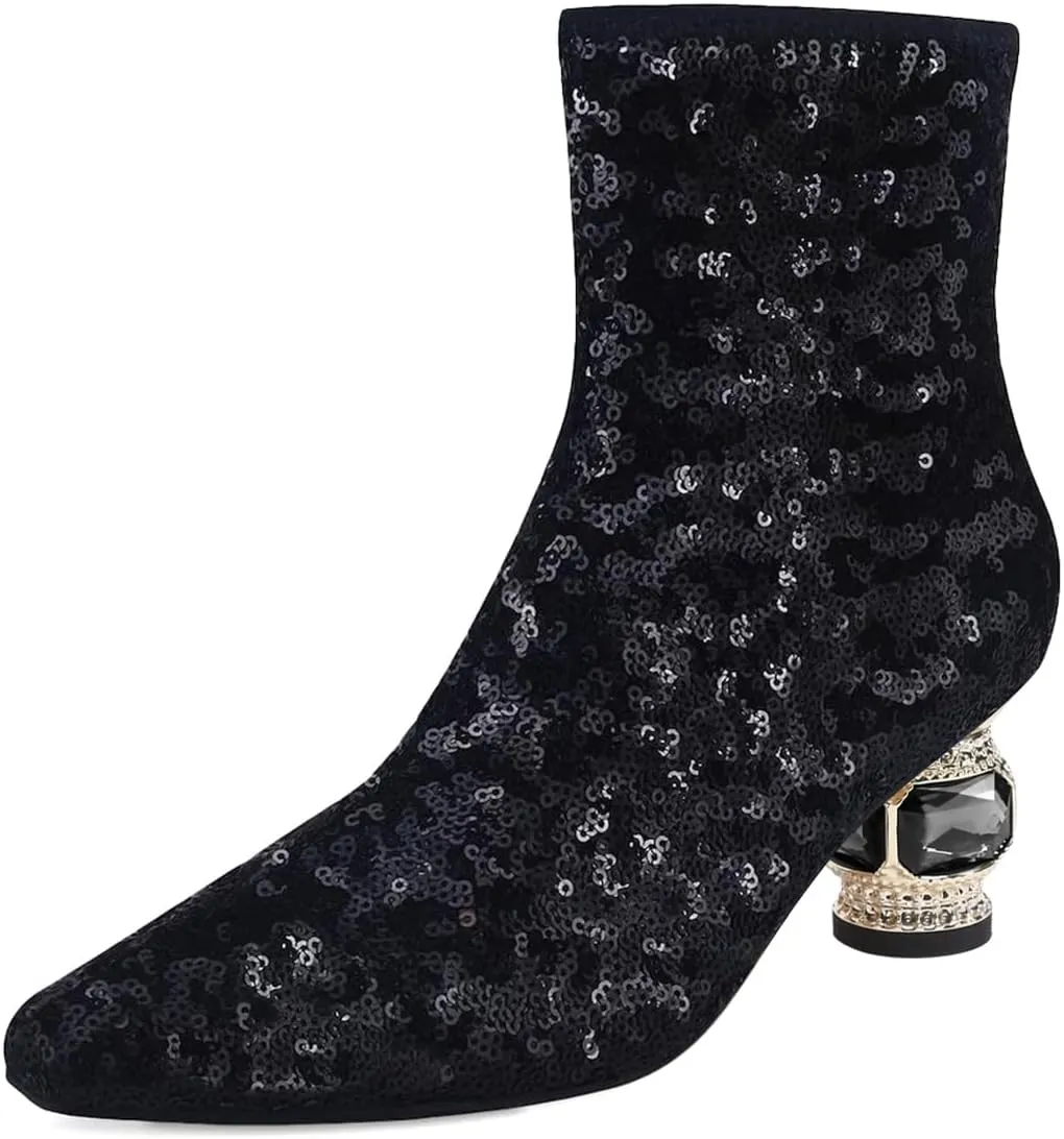 XYD Women Gorgeous Low Chunky Crystal Gem Heel Ankle Boots Closed Square Toe Short Bootie Side Zip Party Ballroom Dress Shoes