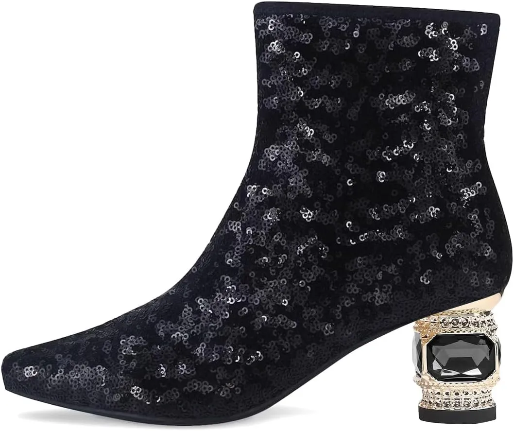 XYD Women Gorgeous Low Chunky Crystal Gem Heel Ankle Boots Closed Square Toe Short Bootie Side Zip Party Ballroom Dress Shoes
