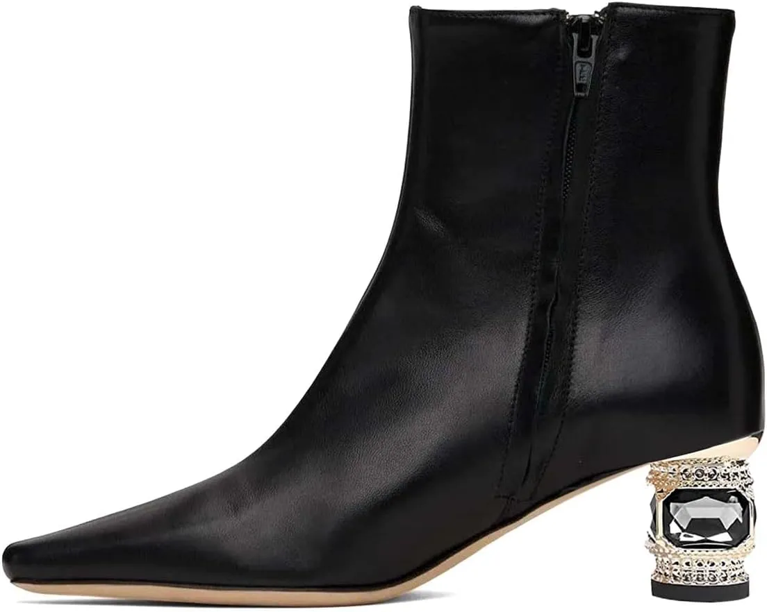 XYD Women Gorgeous Low Chunky Crystal Gem Heel Ankle Boots Closed Square Toe Short Bootie Side Zip Party Ballroom Dress Shoes