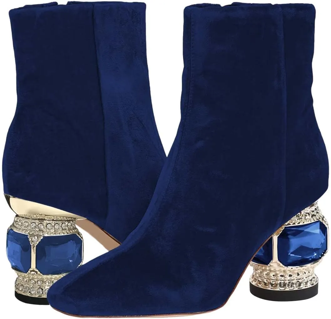 XYD Women Gorgeous Low Chunky Crystal Gem Heel Ankle Boots Closed Square Toe Short Bootie Side Zip Party Ballroom Dress Shoes