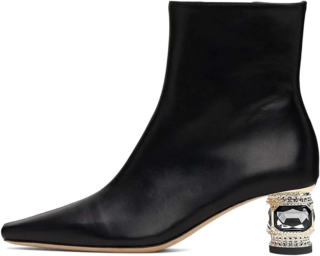 XYD Women Gorgeous Low Chunky Crystal Gem Heel Ankle Boots Closed Square Toe Short Bootie Side Zip Party Ballroom Dress Shoes