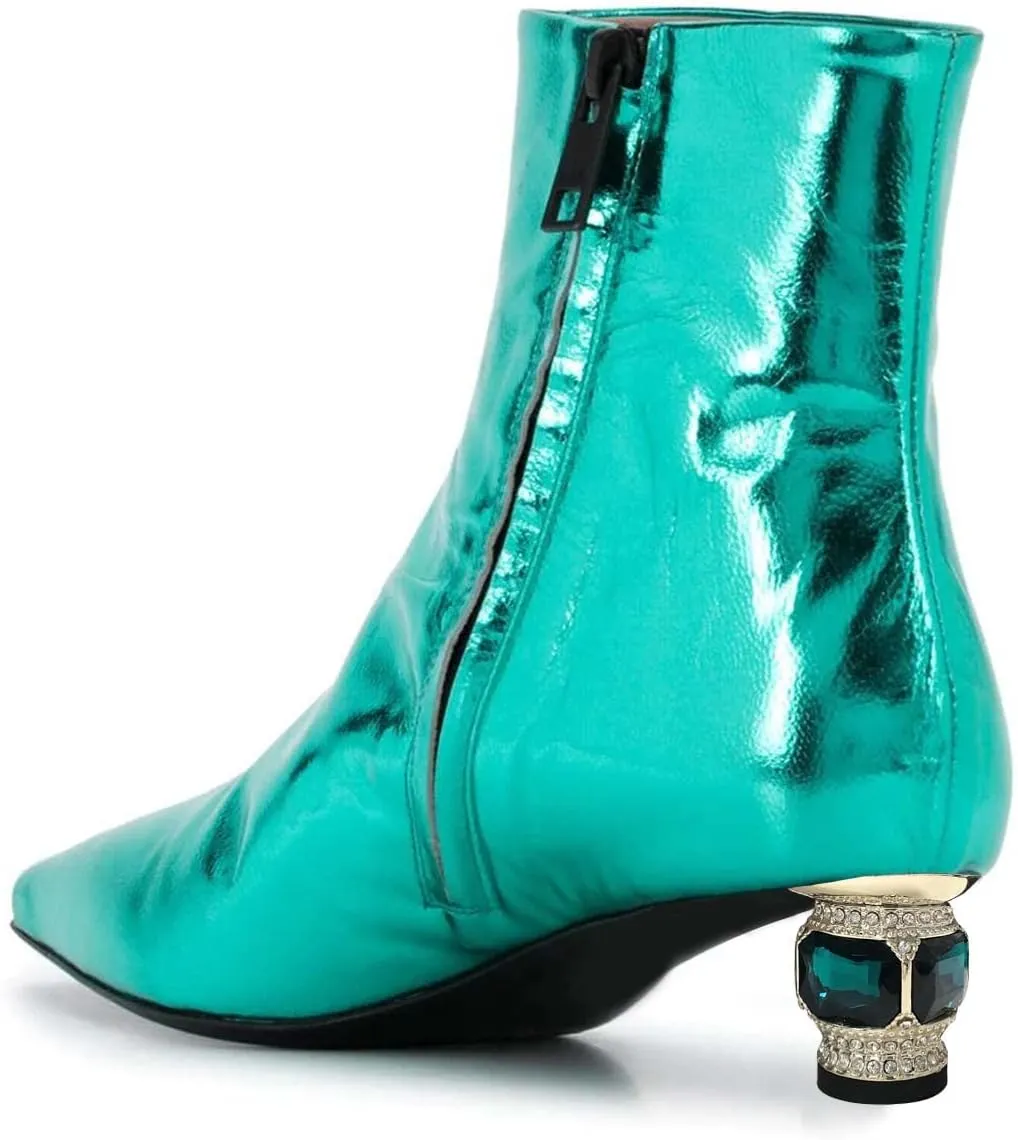 XYD Women Gorgeous Low Chunky Crystal Gem Heel Ankle Boots Closed Square Toe Short Bootie Side Zip Party Ballroom Dress Shoes