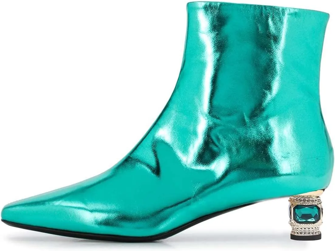 XYD Women Gorgeous Low Chunky Crystal Gem Heel Ankle Boots Closed Square Toe Short Bootie Side Zip Party Ballroom Dress Shoes
