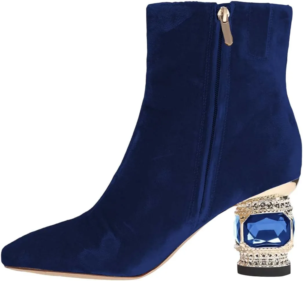 XYD Women Gorgeous Low Chunky Crystal Gem Heel Ankle Boots Closed Square Toe Short Bootie Side Zip Party Ballroom Dress Shoes