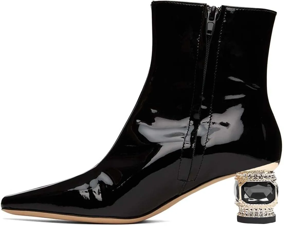 XYD Women Gorgeous Low Chunky Crystal Gem Heel Ankle Boots Closed Square Toe Short Bootie Side Zip Party Ballroom Dress Shoes